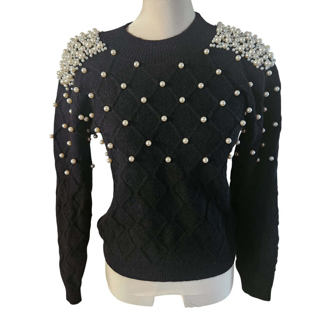 Black Pearl Embellished Sweater Long Sleeve Diamond Knit‎ Shoulder Pearls